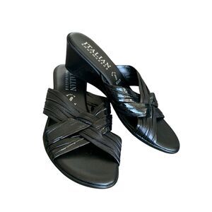 Italian Shoemakers Faux Leather Wedge Sandals Patent Slip On Black Size 8 Italy